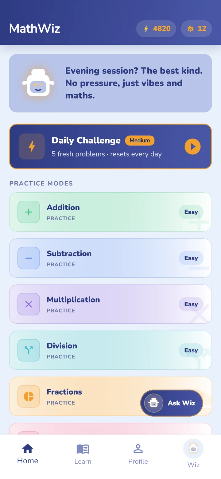 The MathWiz home screen: a Daily Challenge card above the practice modes
