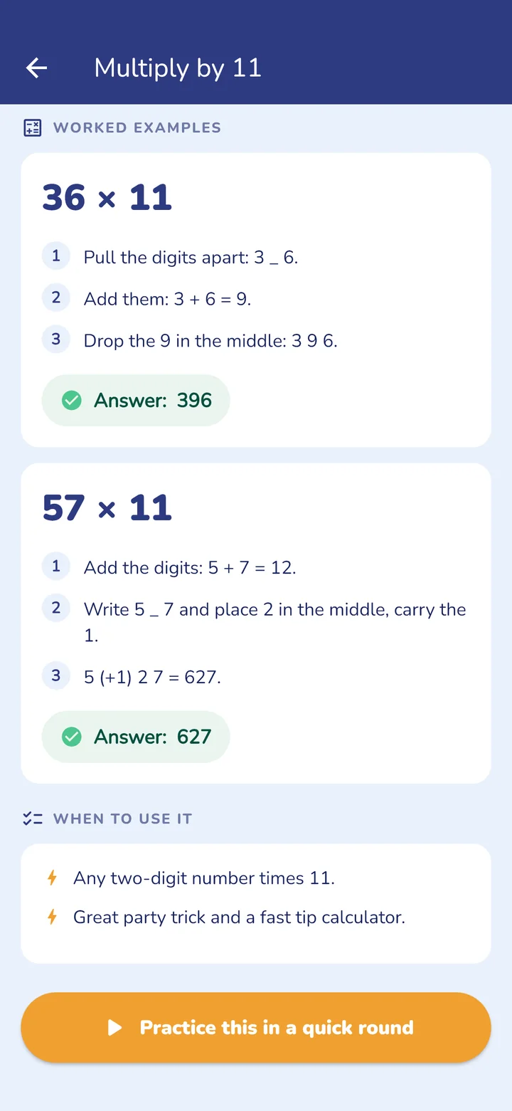 A MathWiz lesson, Multiply by 11, with two worked examples