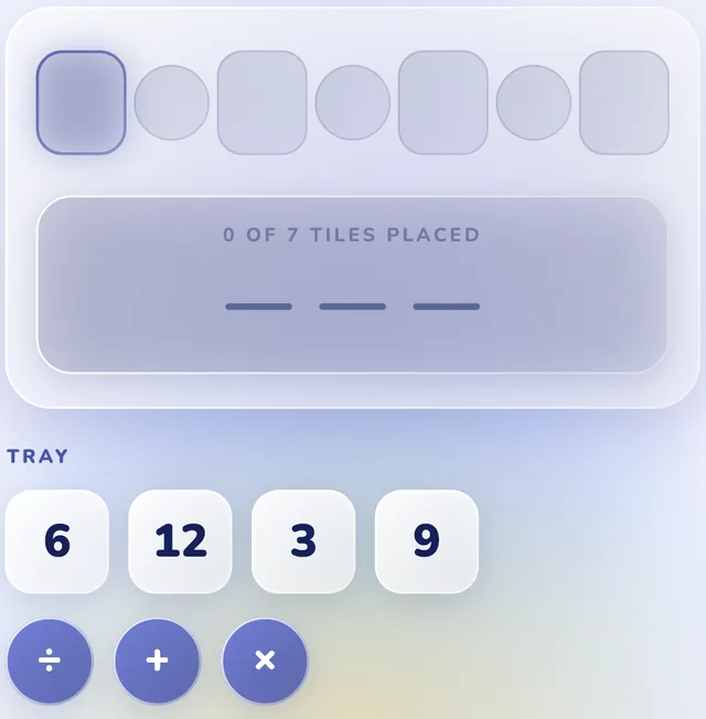 Peak and Valley: seven empty slots, number tiles 6, 12, 3 and 9, operator tiles divide, plus and times