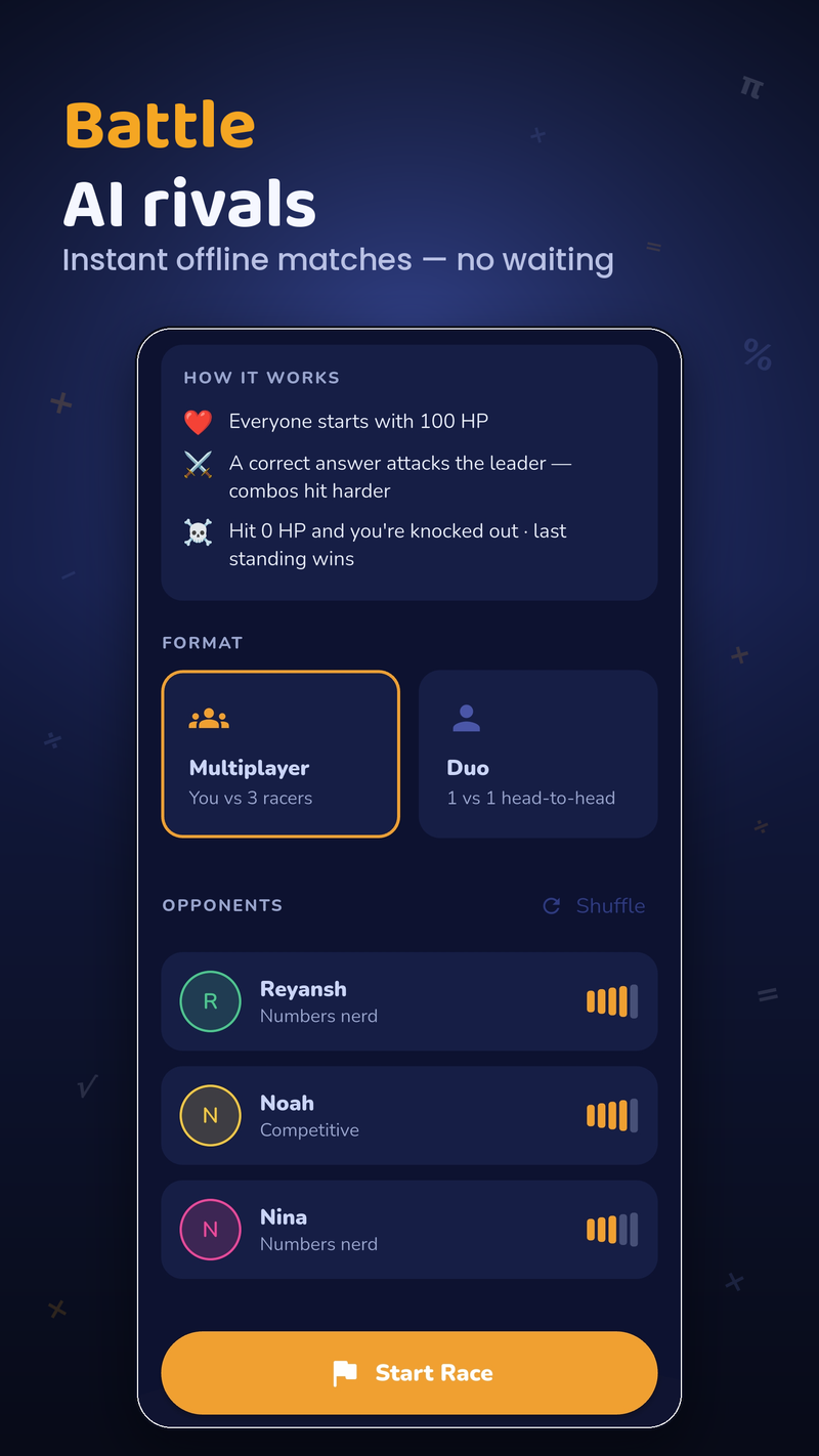 MathWiz Arena setup — choosing a race format and on-device AI opponents