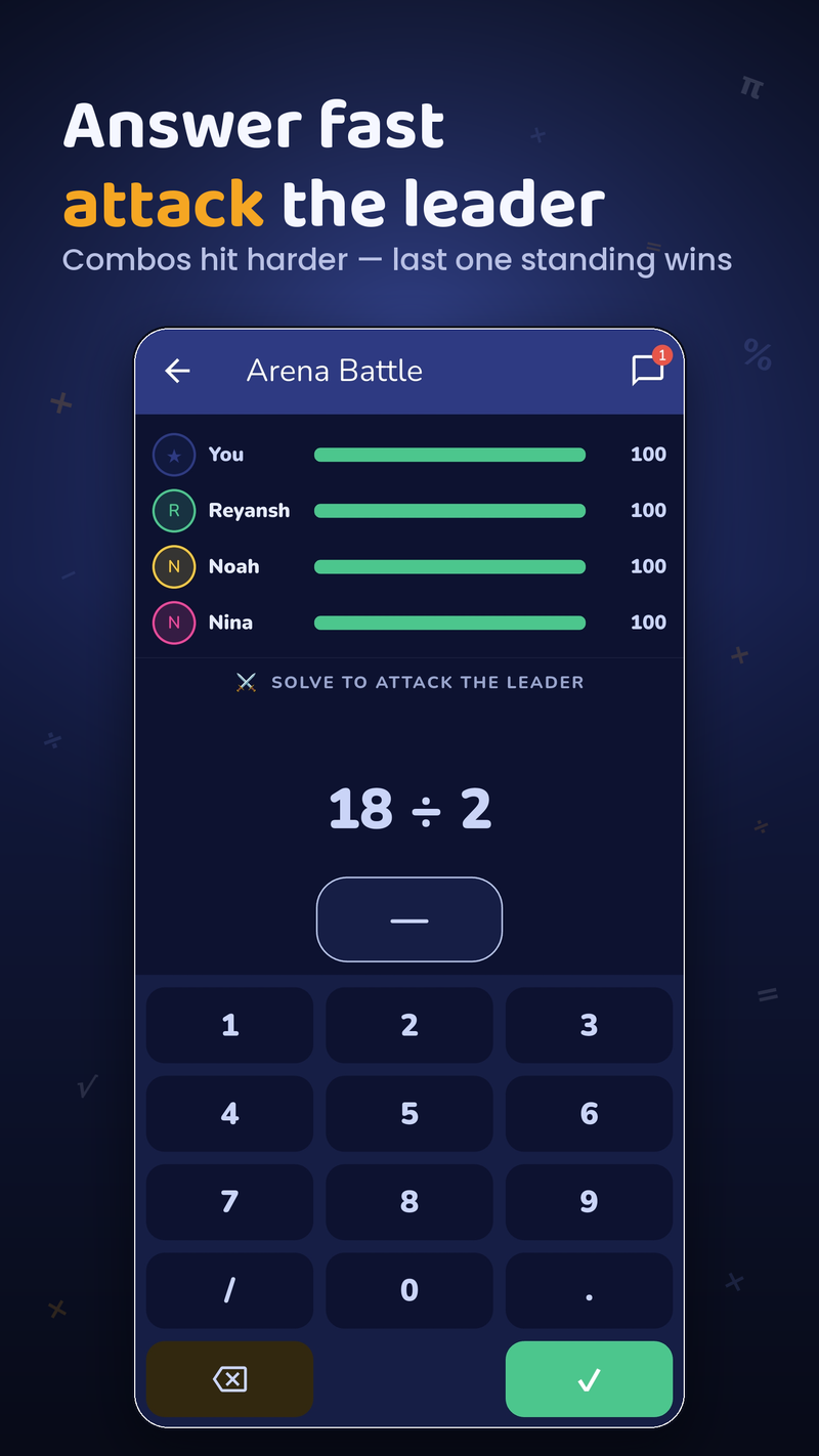 MathWiz Arena Battle in progress with a live HP leaderboard and number pad