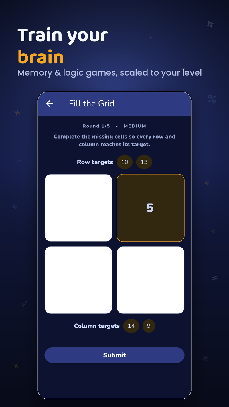 MathWiz brain game 'Fill the Grid' — a logic puzzle scaled to your level
