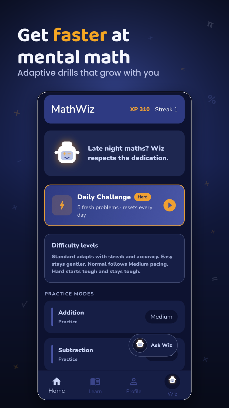 MathWiz home screen with the Daily Challenge and adaptive practice modes