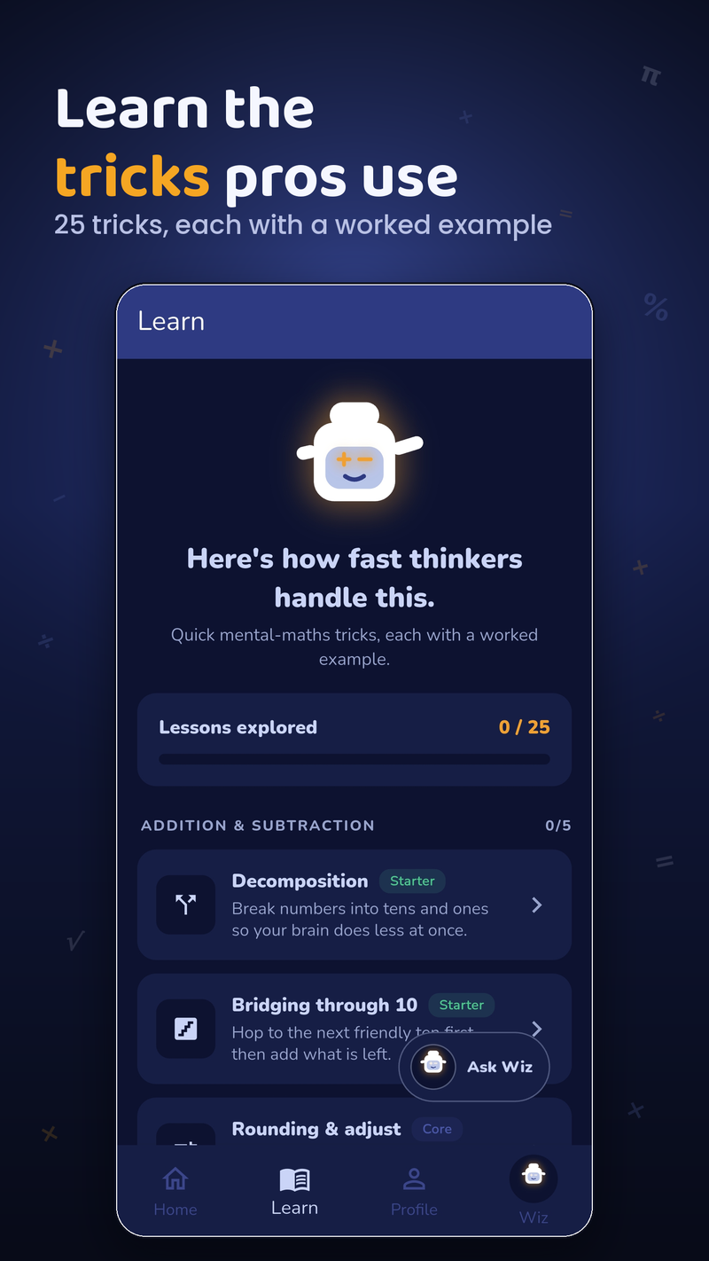 MathWiz Learn section with 25 mental-maths trick lessons, each with a worked example