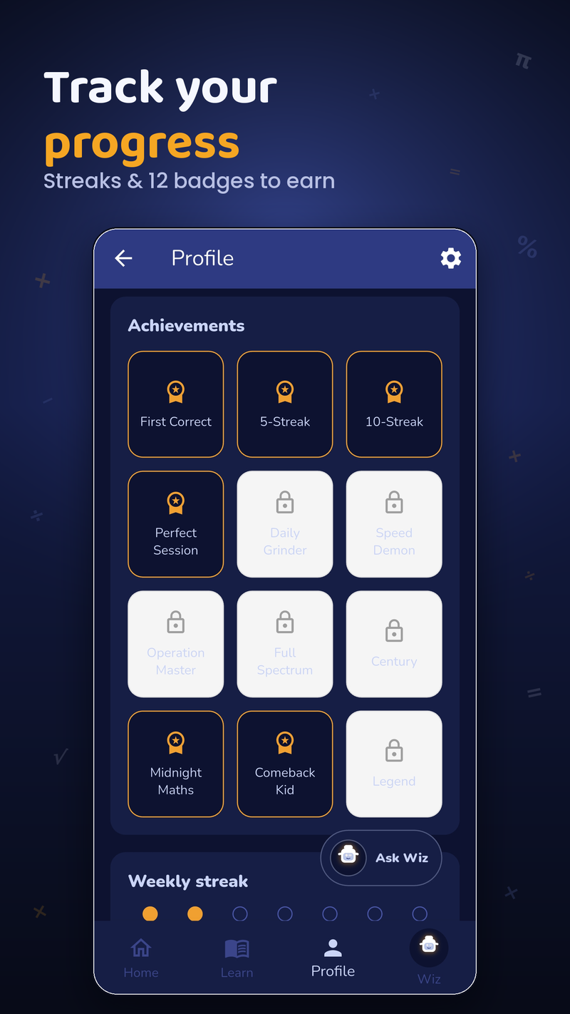 MathWiz profile showing achievement badges and a weekly streak