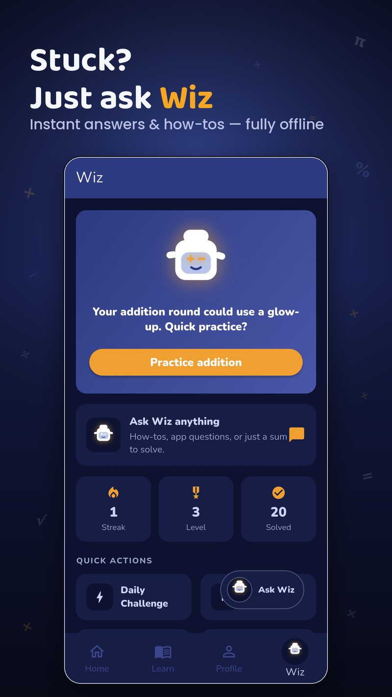 Asking Wiz, the on-device helper, for instant answers and how-tos — fully offline